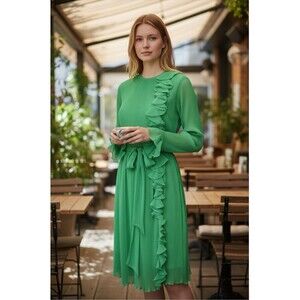 Vintage 70s MISS ELLIETTE Dress Womens S/M Green  Accordion Ruffle Midi Belted